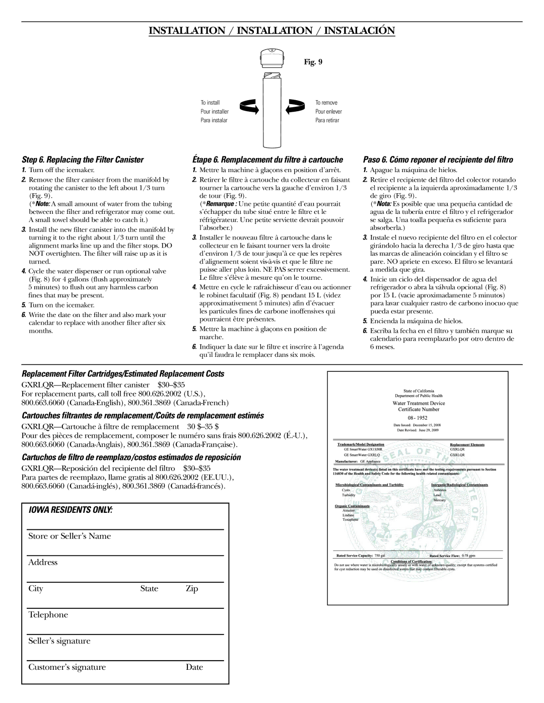 GE GXRLQR instruction manual Replacing the Filter Canister, Replacement Filter Cartridges/Estimated Replacement Costs 