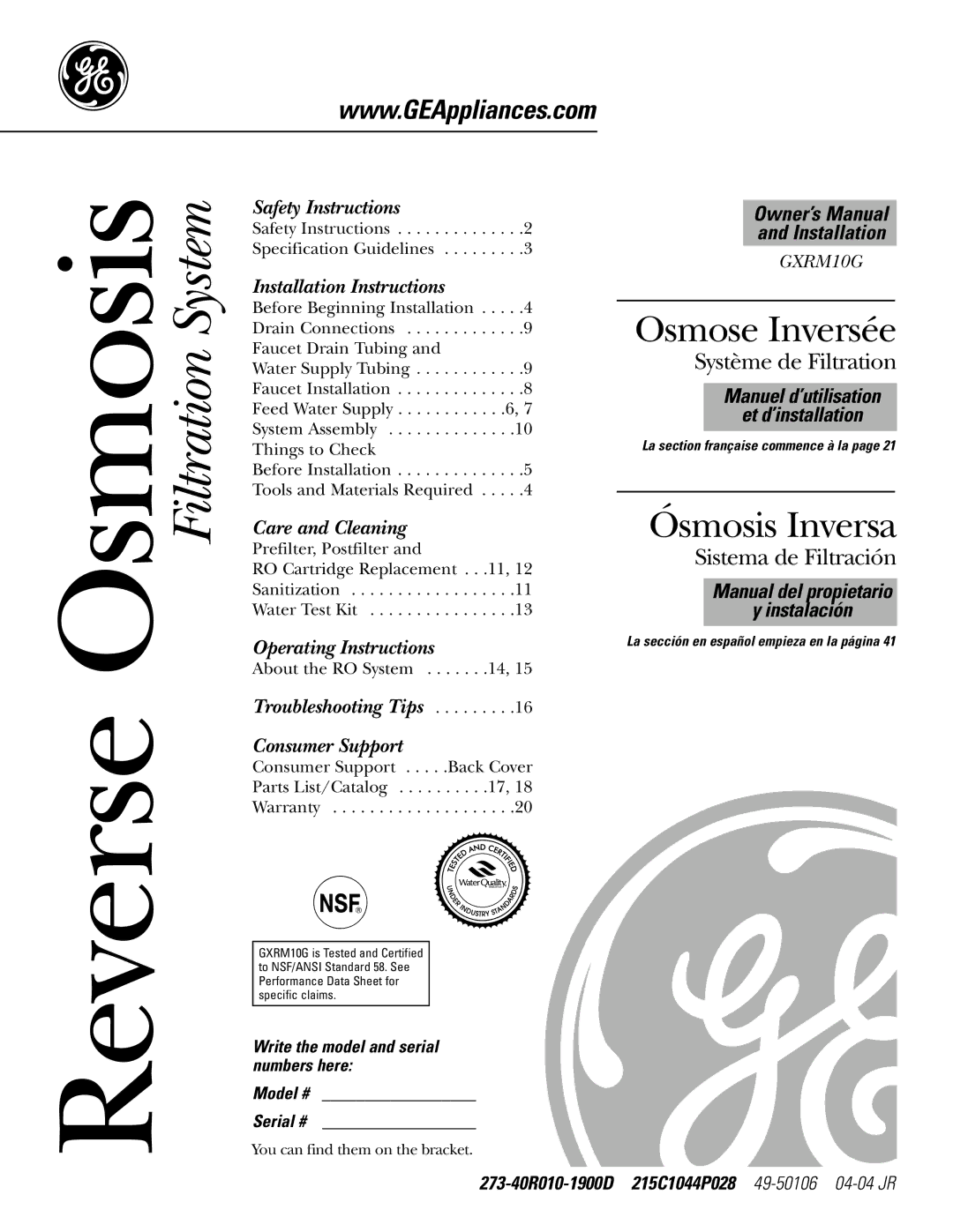 GE GXRM10G owner manual Osmosis 