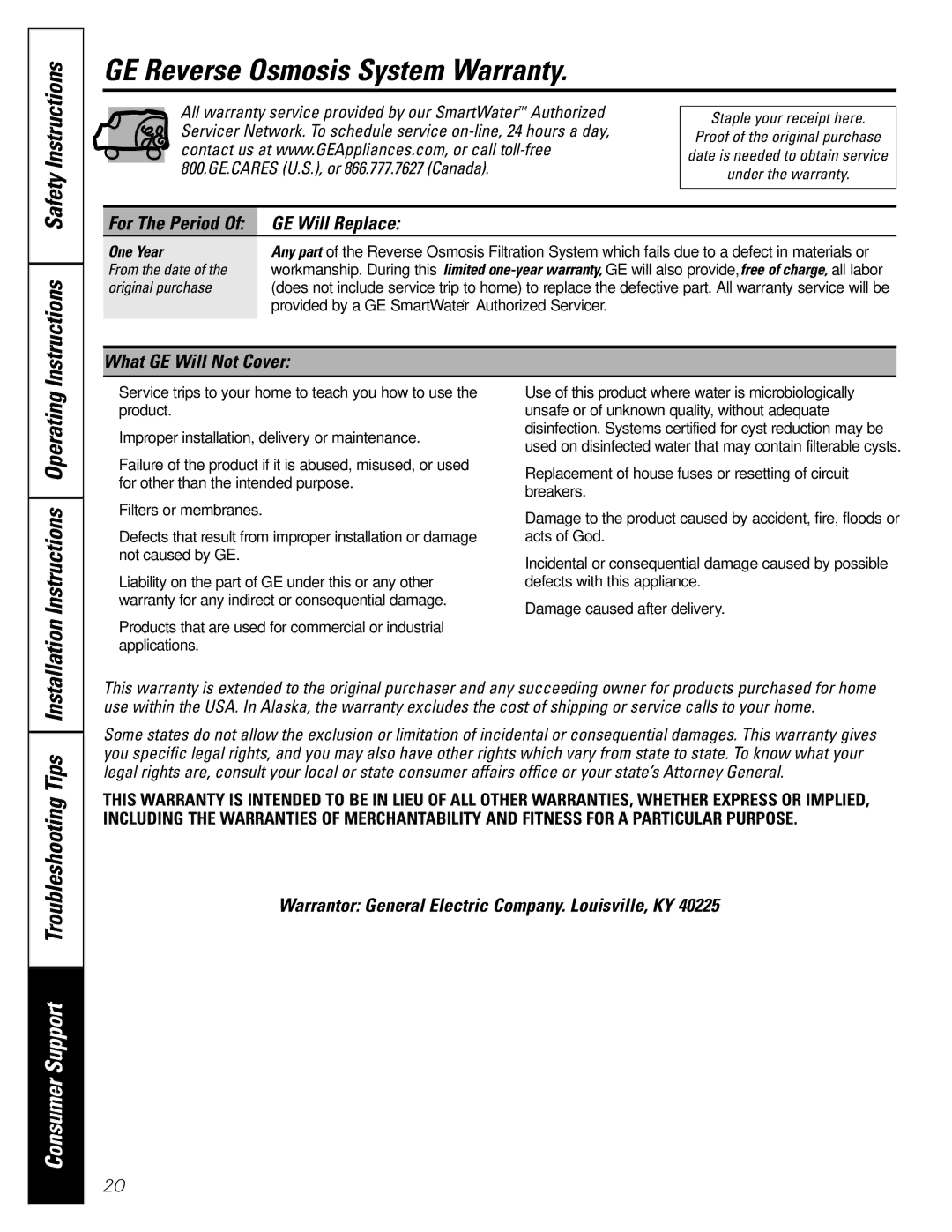 GE GXRM10G owner manual GE Reverse Osmosis System Warranty, Instructions Safety Instructions, One Year 