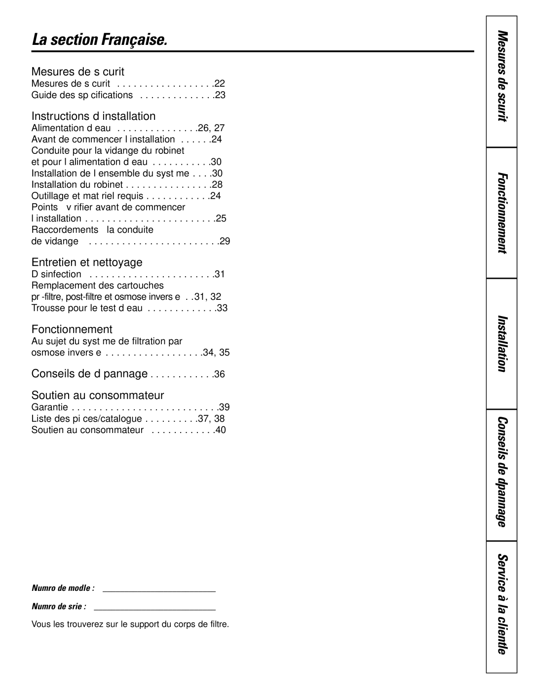 GE GXRM10G La section Française, Mesures de sécurité Fonctionnement Installation, Numéro de modèle Numéro de série 