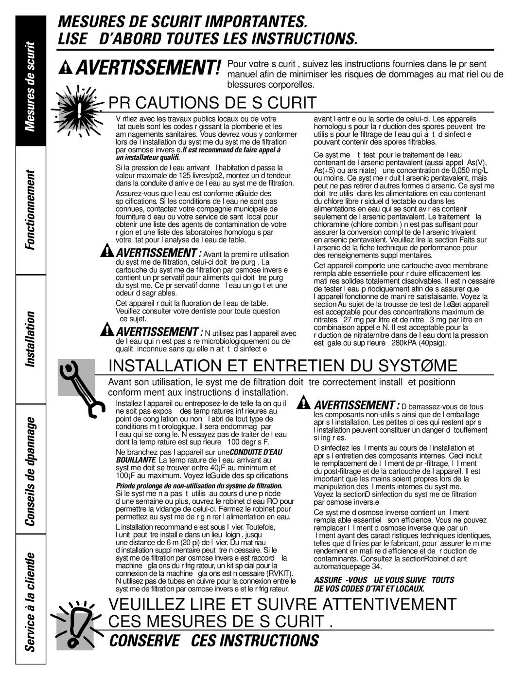 GE GXRM10G owner manual Fonctionnement Installation, Clientèle Conseils de dépannage 