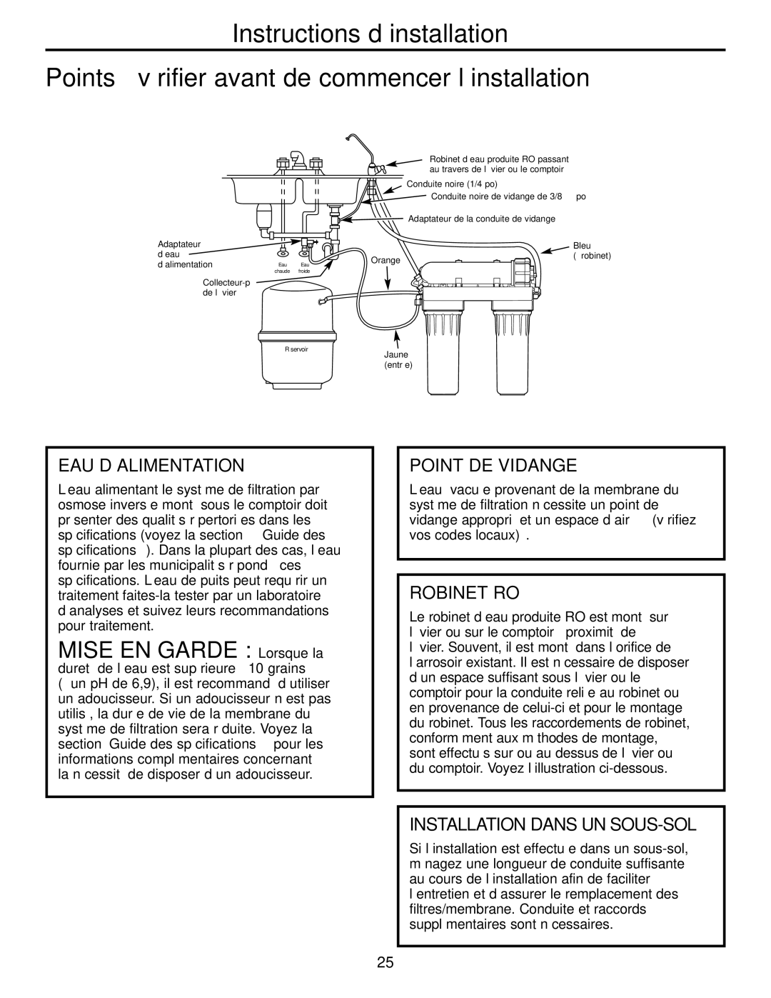 GE GXRM10G owner manual Eau D’Alimentation, Point DE Vidange, Robinet RO, Installation Dans UN SOUS-SOL 