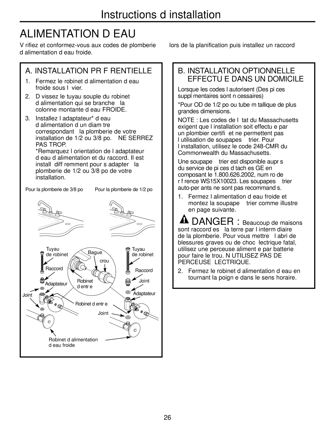 GE GXRM10G owner manual Alimentation D’EAU, Installation Préférentielle 