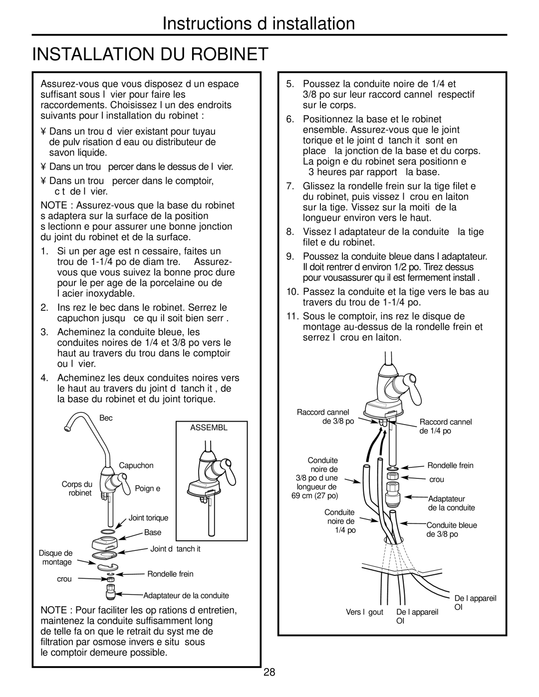 GE GXRM10G owner manual Installation DU Robinet 