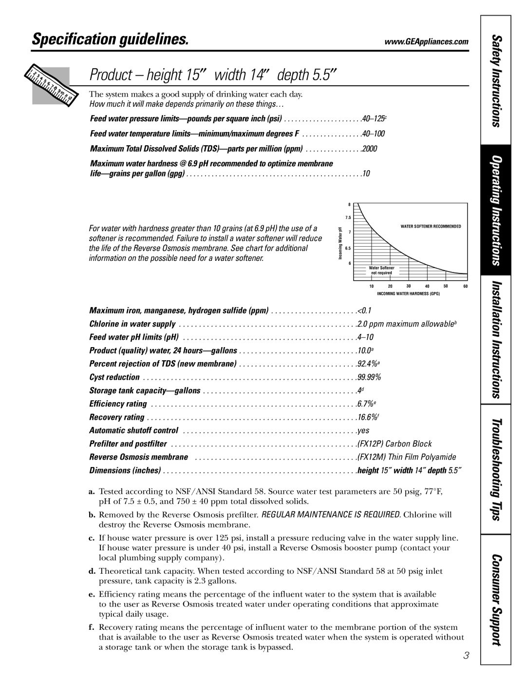 GE GXRM10G owner manual Specification guidelines, Maximum iron, manganese, hydrogen sulfide ppm 