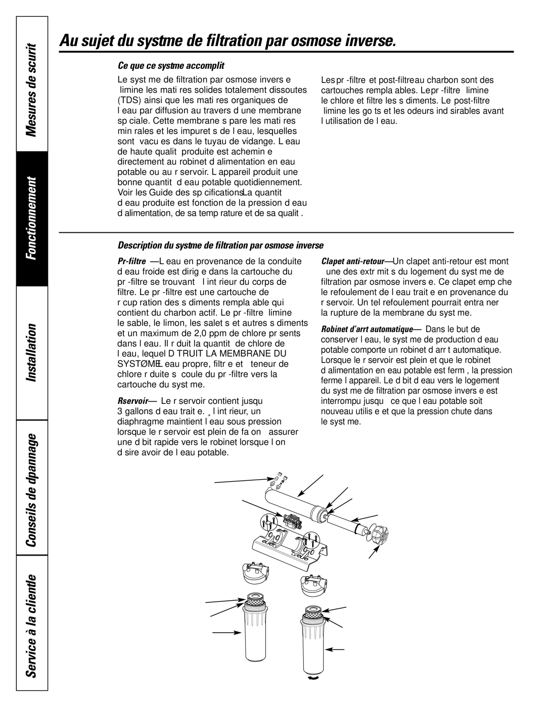 GE GXRM10G Au sujet du système de filtration par osmose inversée, Sécurité, Mesures de, Installation Conseils de dépannage 