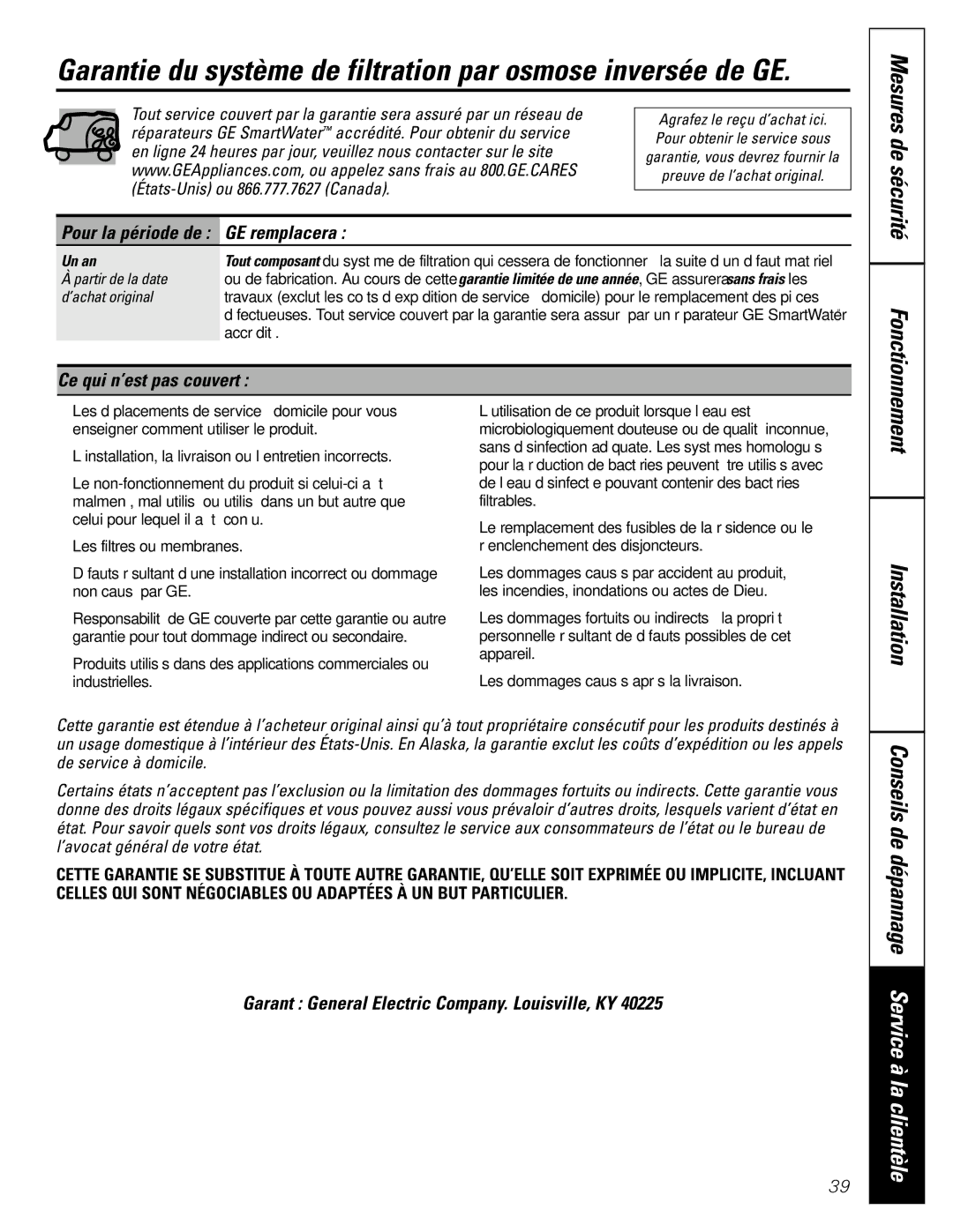 GE GXRM10G owner manual Garantie du système de filtration par osmose inversée de GE, Un an 