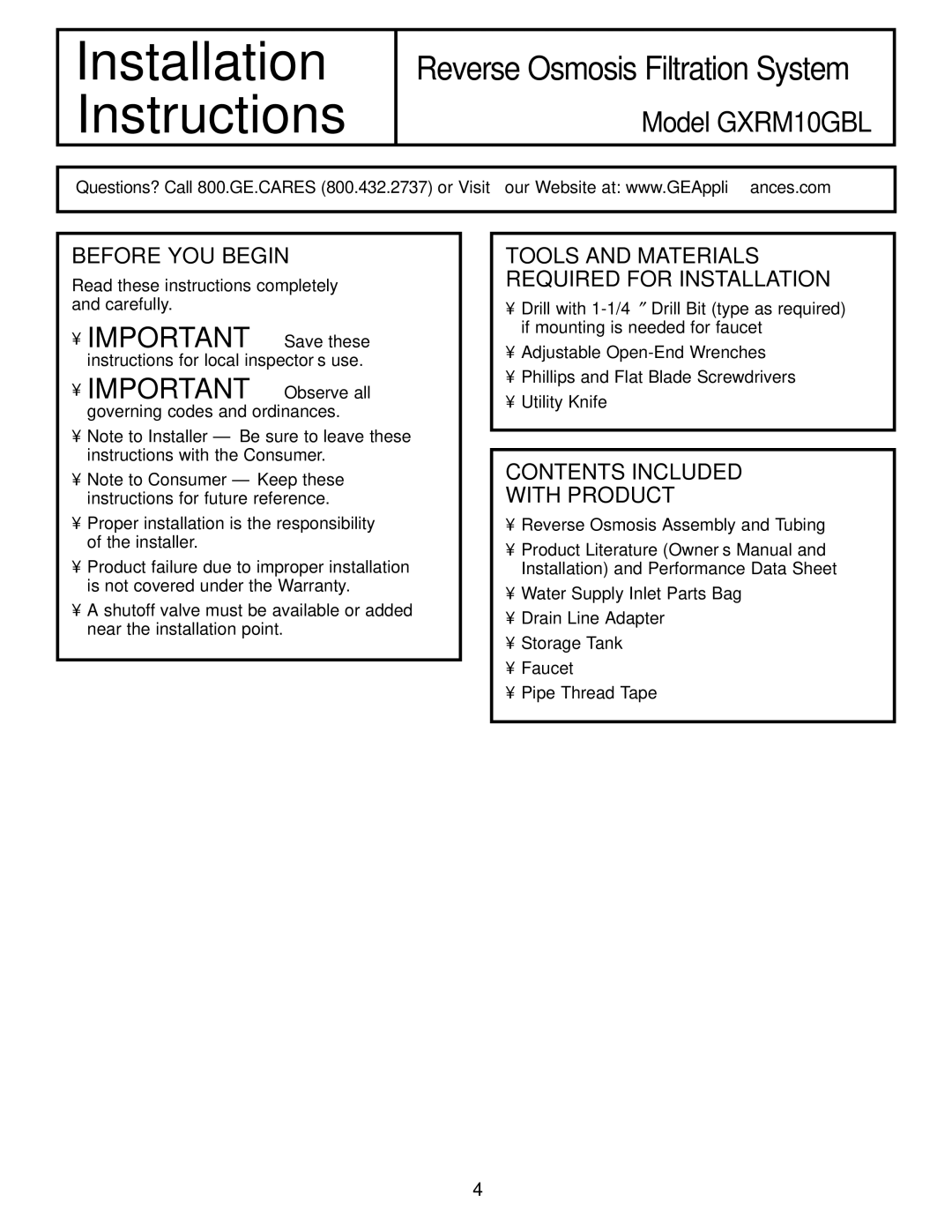 GE GXRM10G owner manual Before YOU Begin, Contents Included With Product 