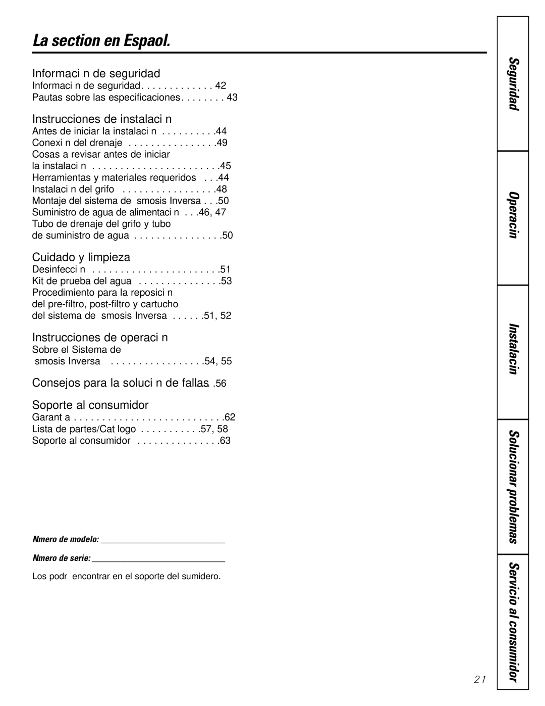 GE GXRM10G owner manual La section en Español, Seguridad Operación Instalación, Número de modelo Número de serie 