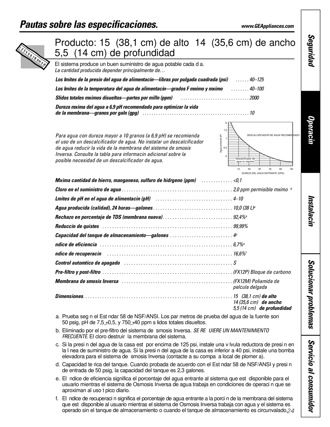 GE GXRM10G owner manual Pautas sobre las especificaciones, Seguridad 