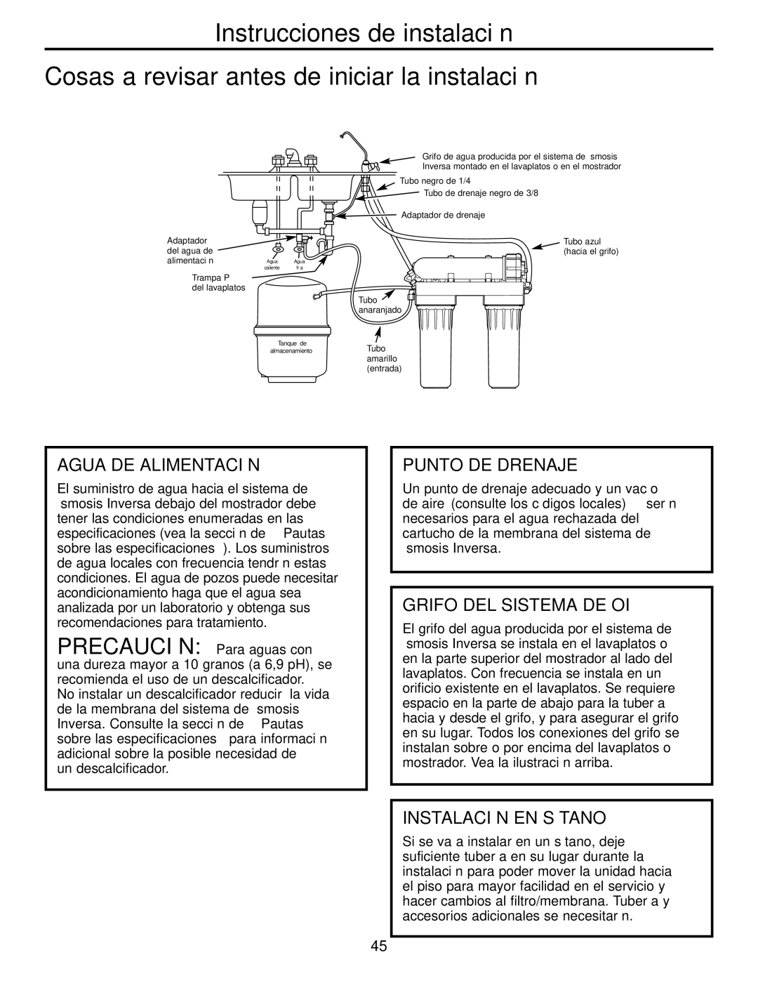 GE GXRM10G owner manual Agua DE Alimentación, Punto DE Drenaje, Grifo DEL Sistema DE OI, Instalación EN Sótano 