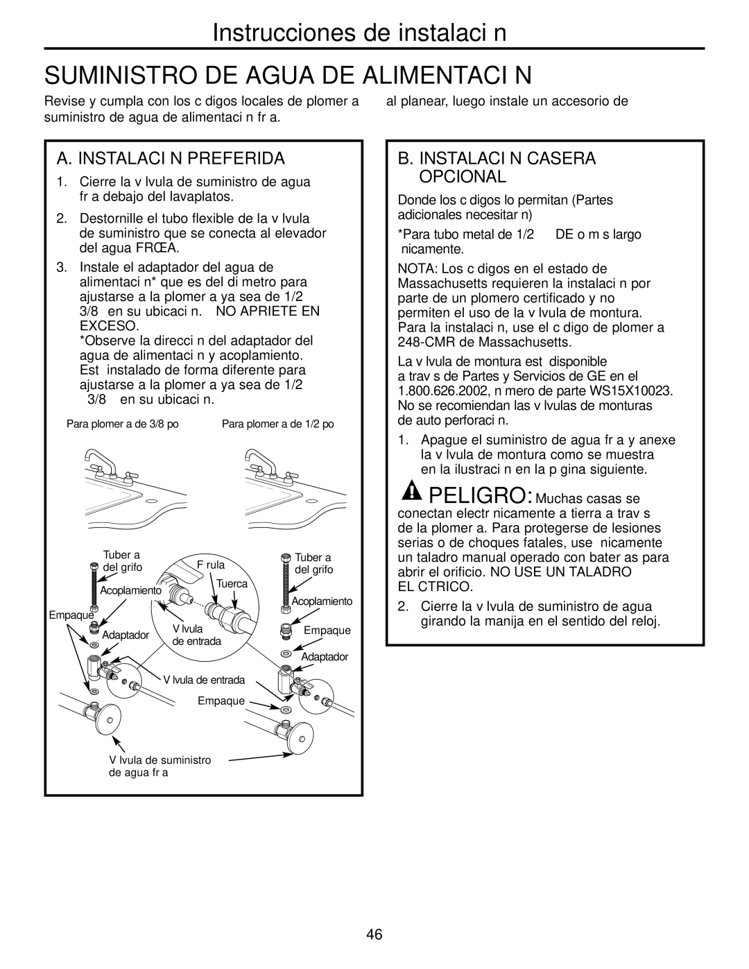 GE GXRM10G owner manual Suministro DE Agua DE Alimentación, Instalación Preferida, Instalación Casera Opcional 