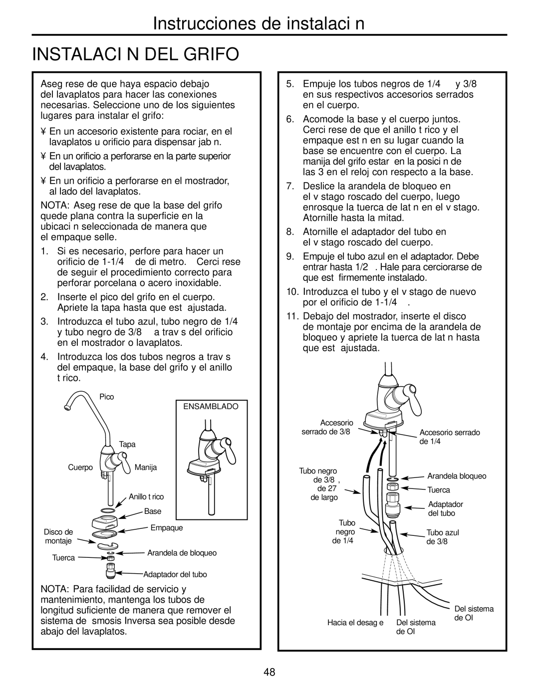 GE GXRM10G owner manual Instalación DEL Grifo 