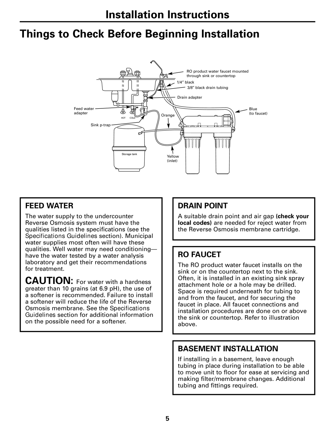 GE GXRM10G owner manual Feed Water, Drain Point, RO Faucet, Basement Installation 