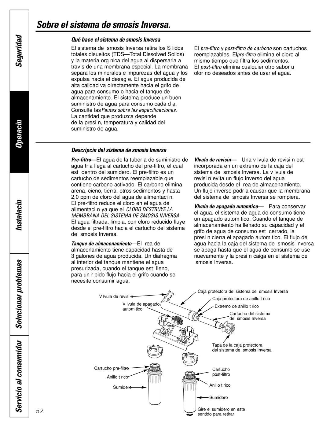 GE GXRM10G owner manual Sobre el sistema de Ósmosis Inversa, Instalación Servicio al consumidor Solucionar problemas 