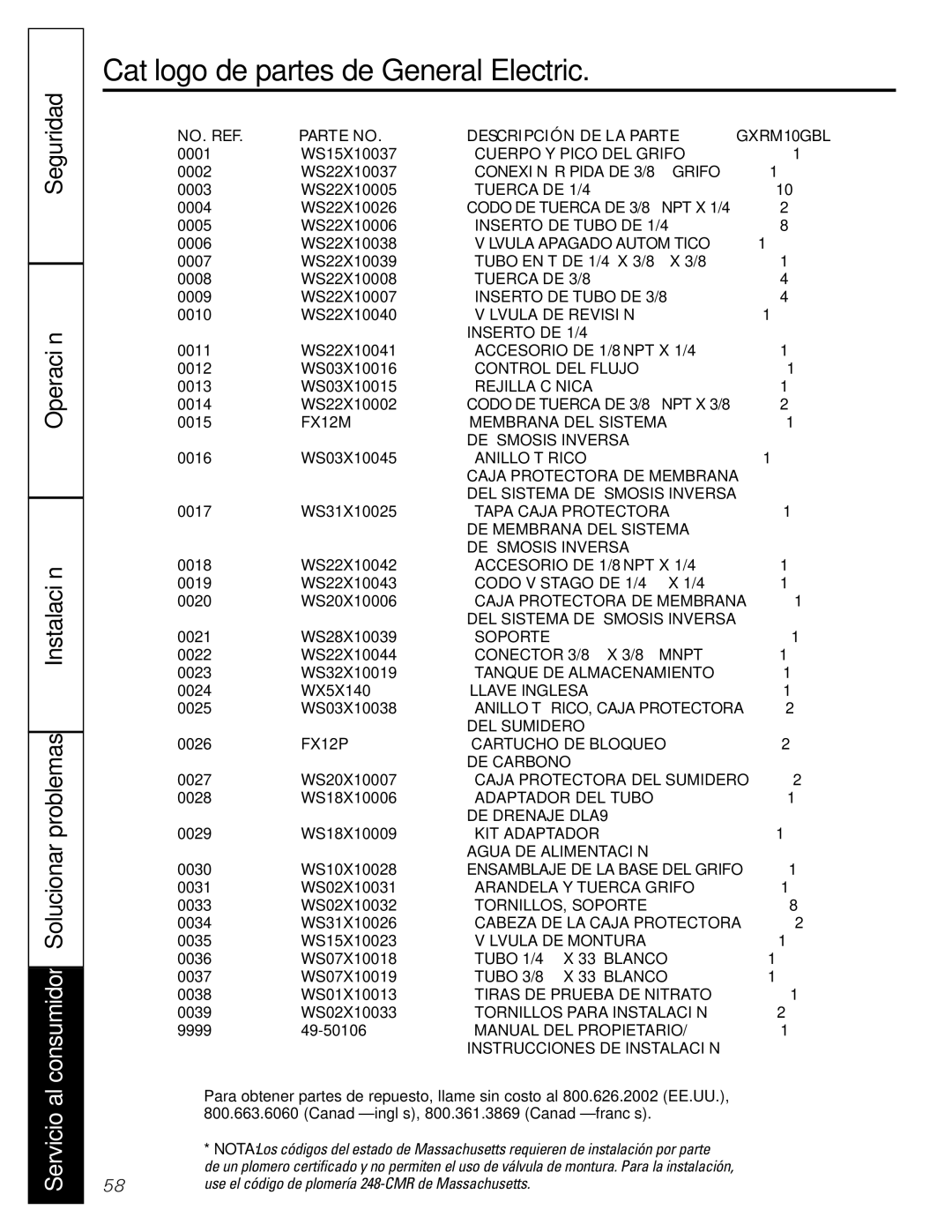 GE owner manual Catálogo de partes de General Electric, NO. REF Parte no Descripción DE LA Parte GXRM10GBL 