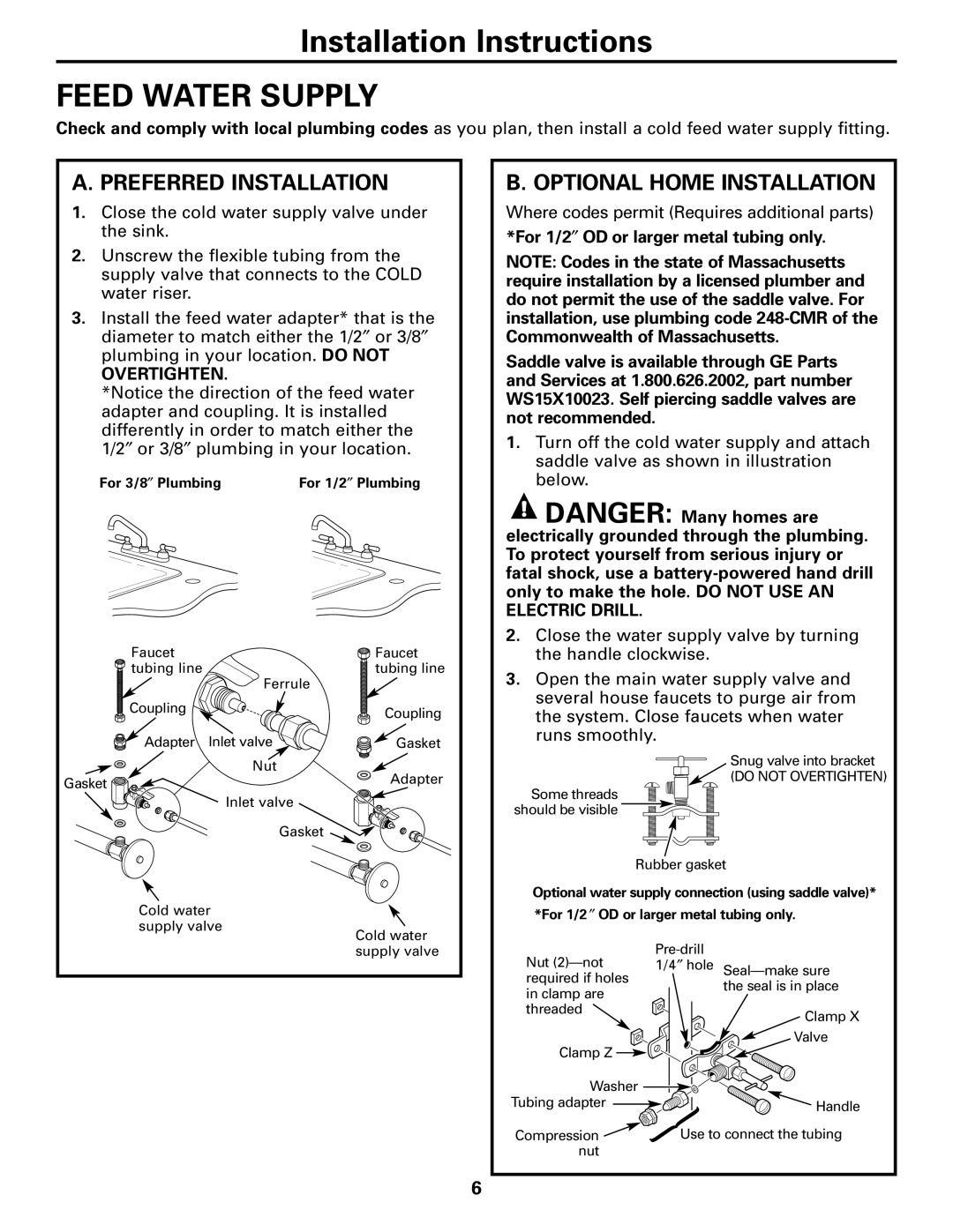 GE GXRM10G owner manual Feed Water Supply, Preferred Installation, Optional Home Installation 