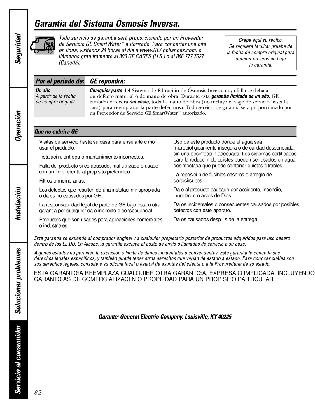 GE GXRM10G owner manual Seguridad Operación, Un año 