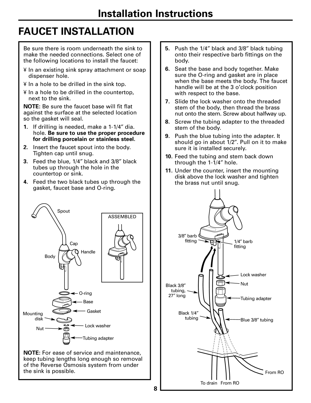 GE GXRM10G owner manual Faucet Installation 