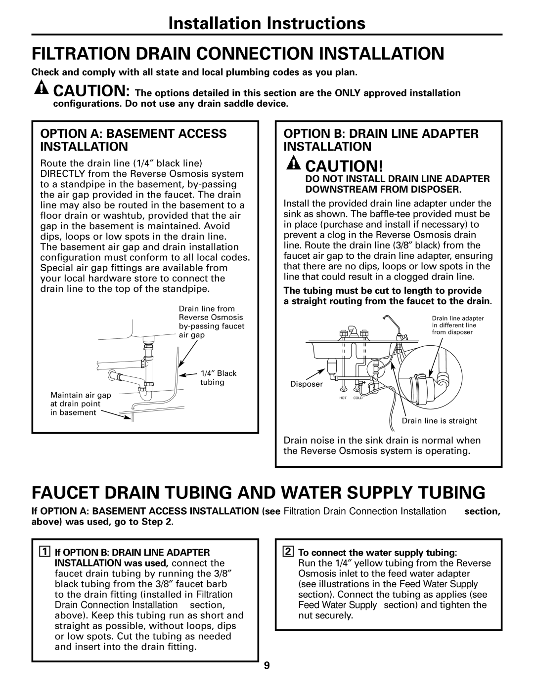 GE GXRM10G owner manual Filtration Drain Connection Installation, Faucet Drain Tubing and Water Supply Tubing 