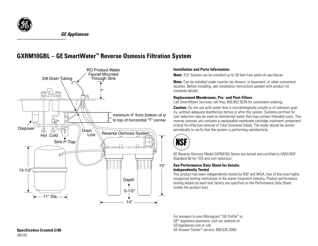 GE installation instructions GXRM10GBL GE SmartWater Reverse Osmosis Filtration System, Drain Tubing, Disposer Drain 