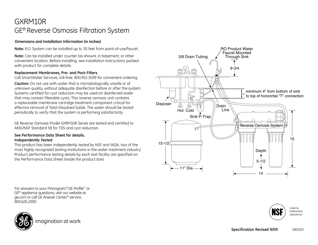 GE GXRM10R dimensions GE Reverse Osmosis Filtration System, See Performance Data Sheet for details Independently Tested 