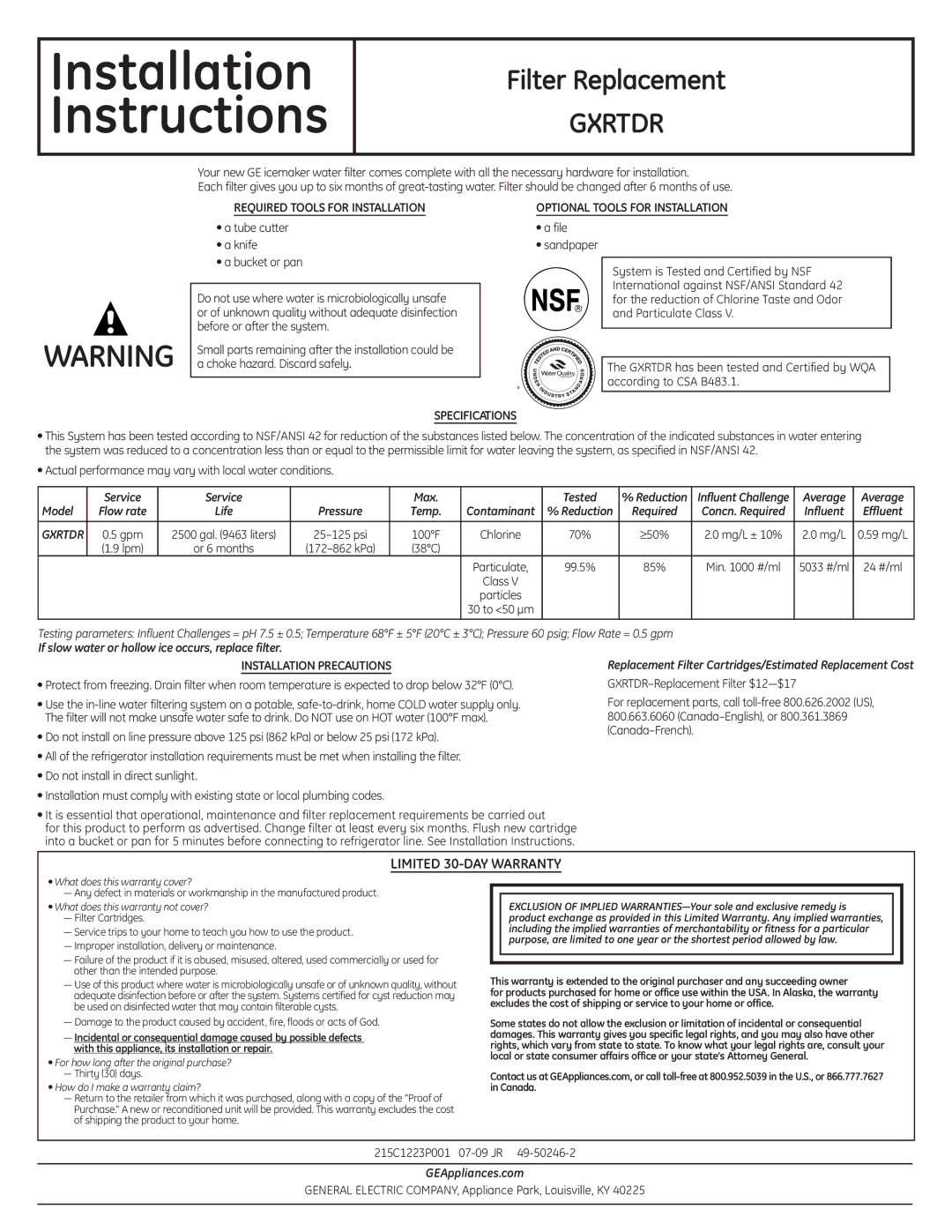 GE GXRTDR installation instructions Service Max Tested, Average, Model, If slow water or hollow ice occurs, replace filter 