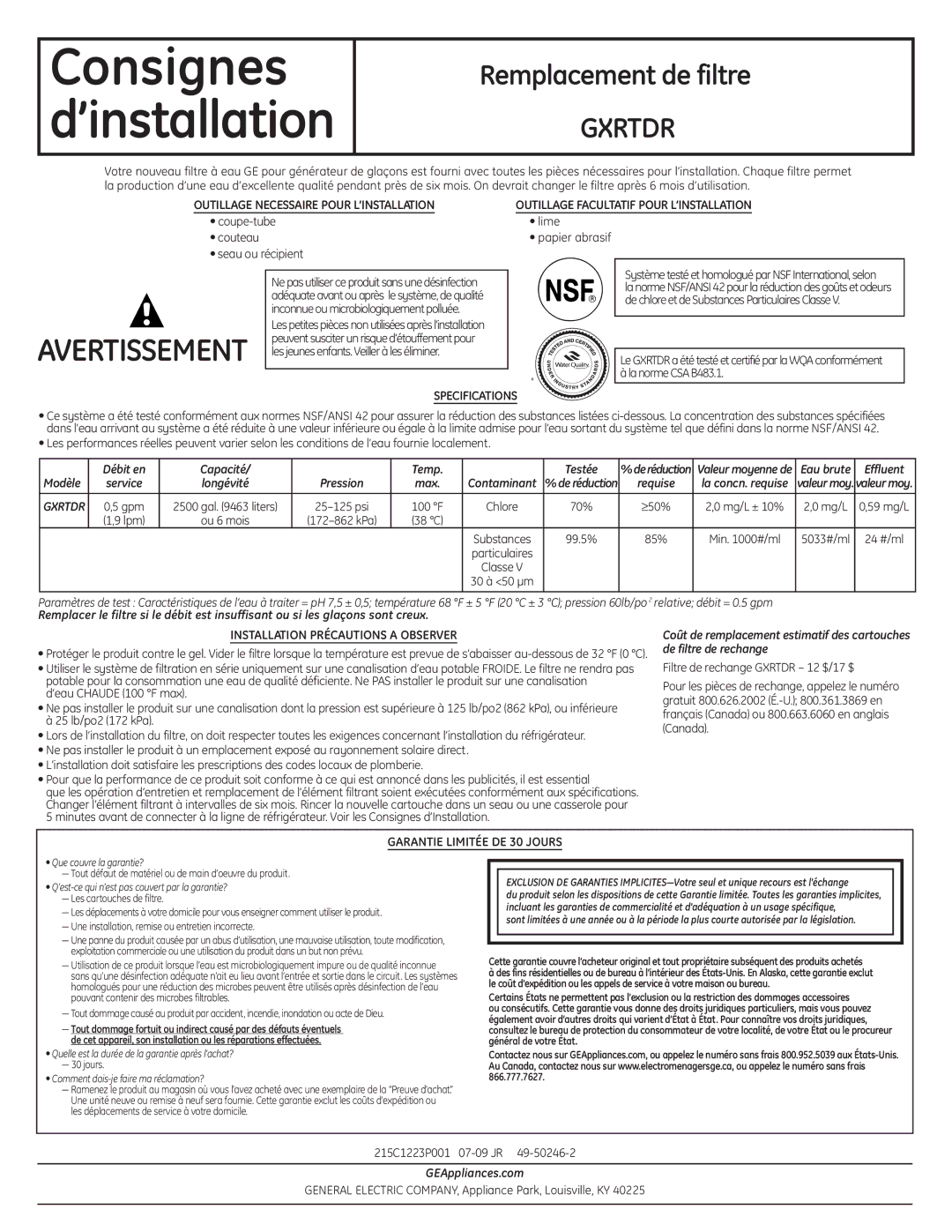 GE GXRTDR installation instructions Débit en Capacité Temp Testée, Effluent 
