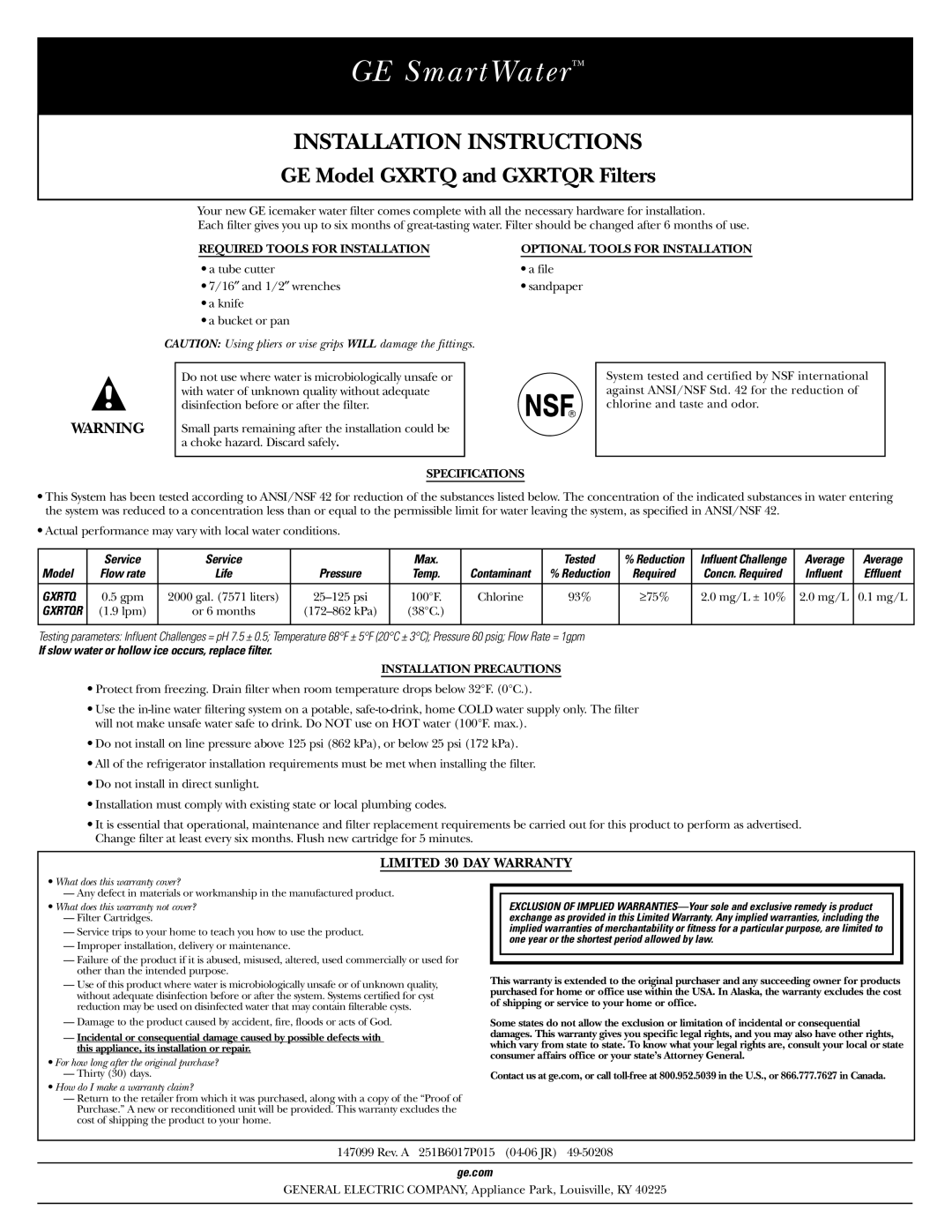 GE GXRTQR installation instructions Service Max Tested, Model, If slow water or hollow ice occurs, replace filter, Ge.com 