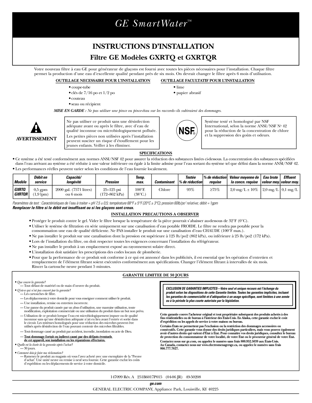 GE GXRTQR Outillage Necessaire Pour L’INSTALLATION, Débit en Capacité Temp Testée, Effluent, Garantie Limitee DE 30 Jours 