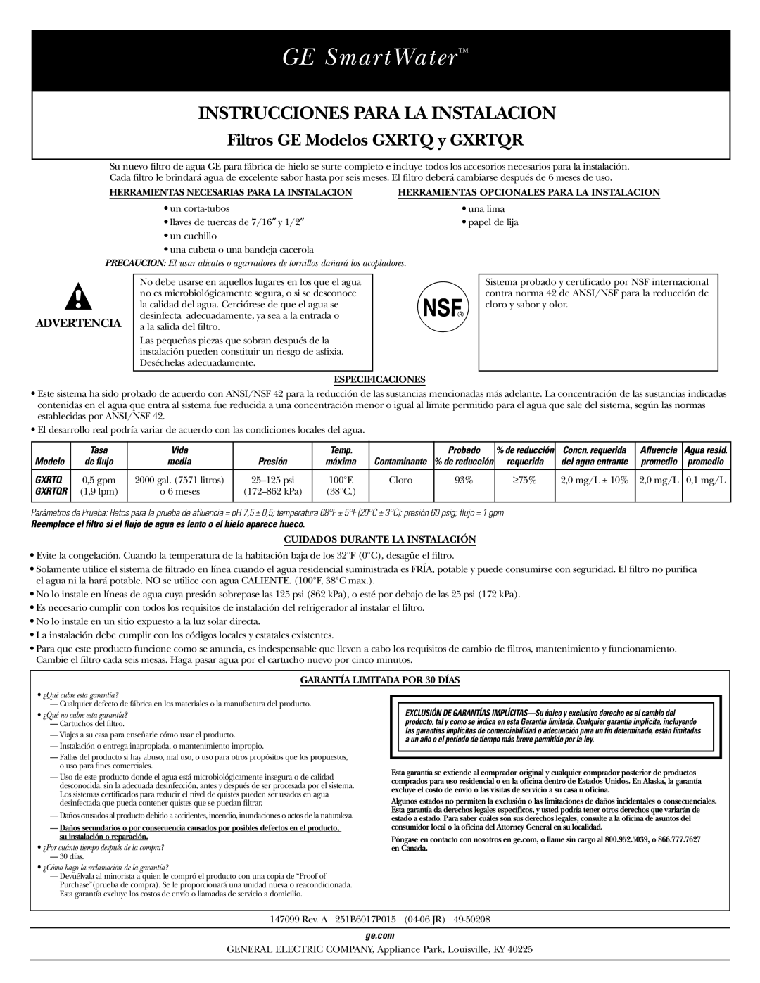 GE GXRTQR installation instructions Herramientas Necesarias Para LA Instalacion, Especificaciones, Tasa Vida Temp Probado 