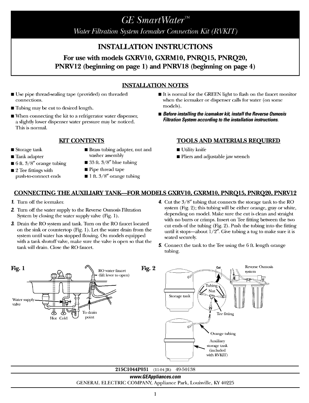 GE GXRM10, GXRV10, PNRV18, PNRQ15, PNRQ20, PNRV12 installation instructions Installation Instructions, KIT Contents 