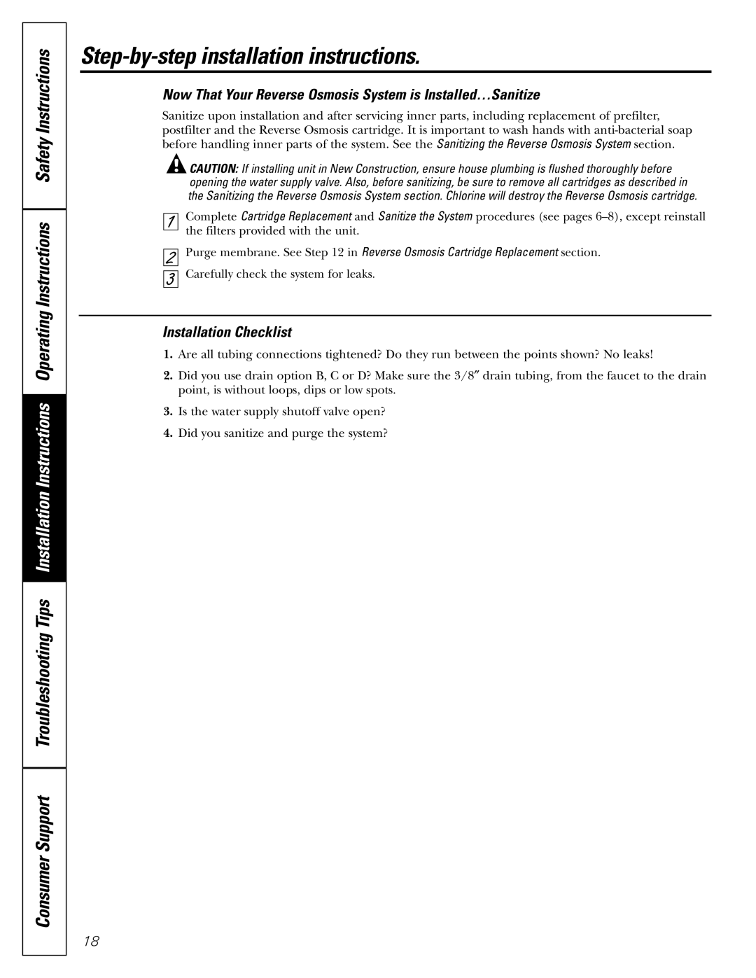 GE GXRV10ABL01 owner manual Now That Your Reverse Osmosis System is Installed…Sanitize, Installation Checklist 