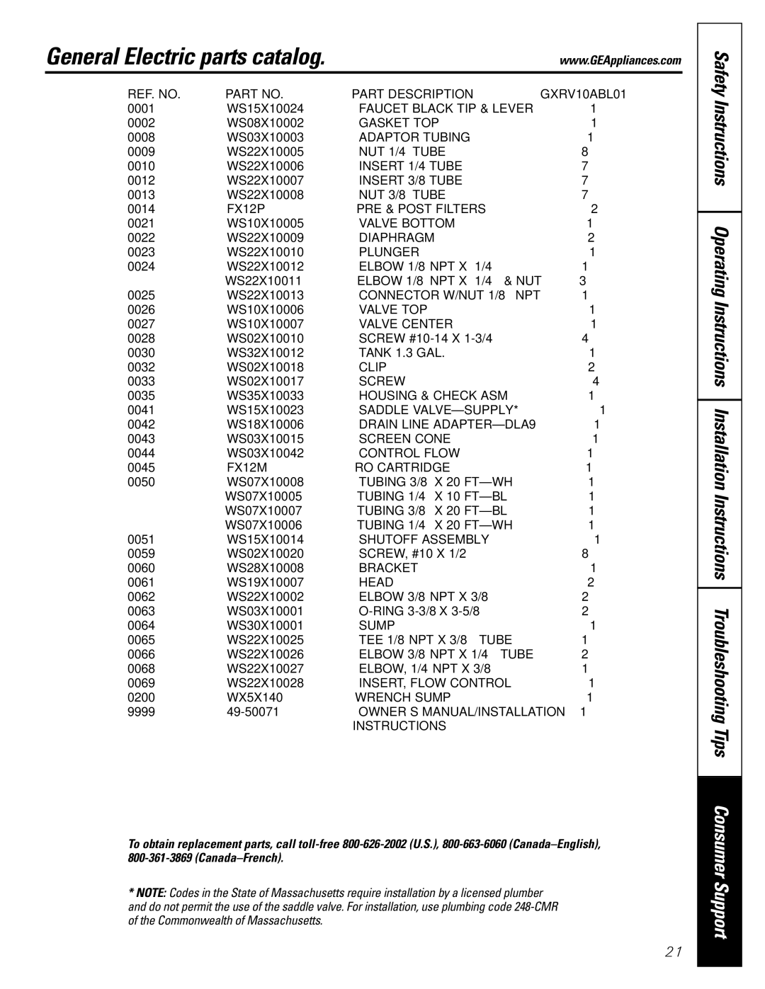 GE GXRV10ABL01 owner manual General Electric parts catalog 