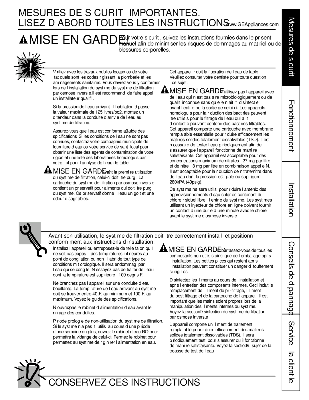 GE GXRV10ABL01 owner manual Clientèle, Conseils de dépannage Service à la 