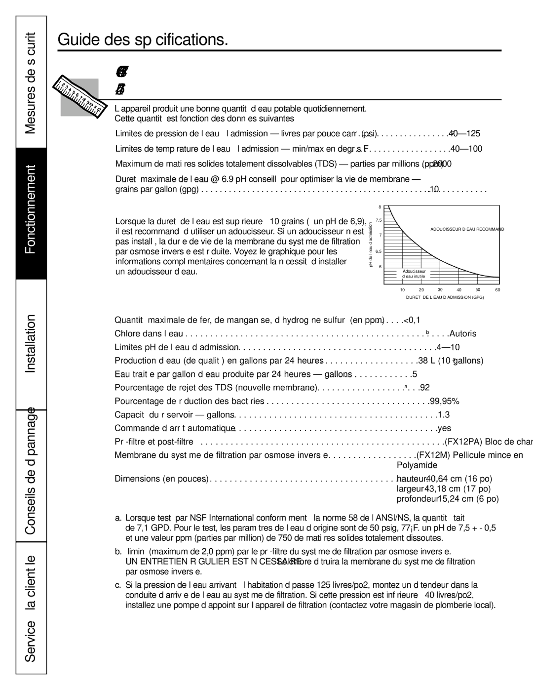 GE GXRV10ABL01 Guide des spécifications, Mesures de sécurité, Installation Service à la clientèle Conseils de dépannage 