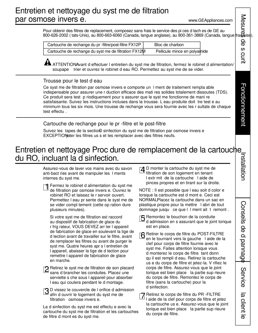 GE GXRV10ABL01 owner manual Entretien et nettoyage du système de filtration, Conseils de dépannage Service à la clientèle 