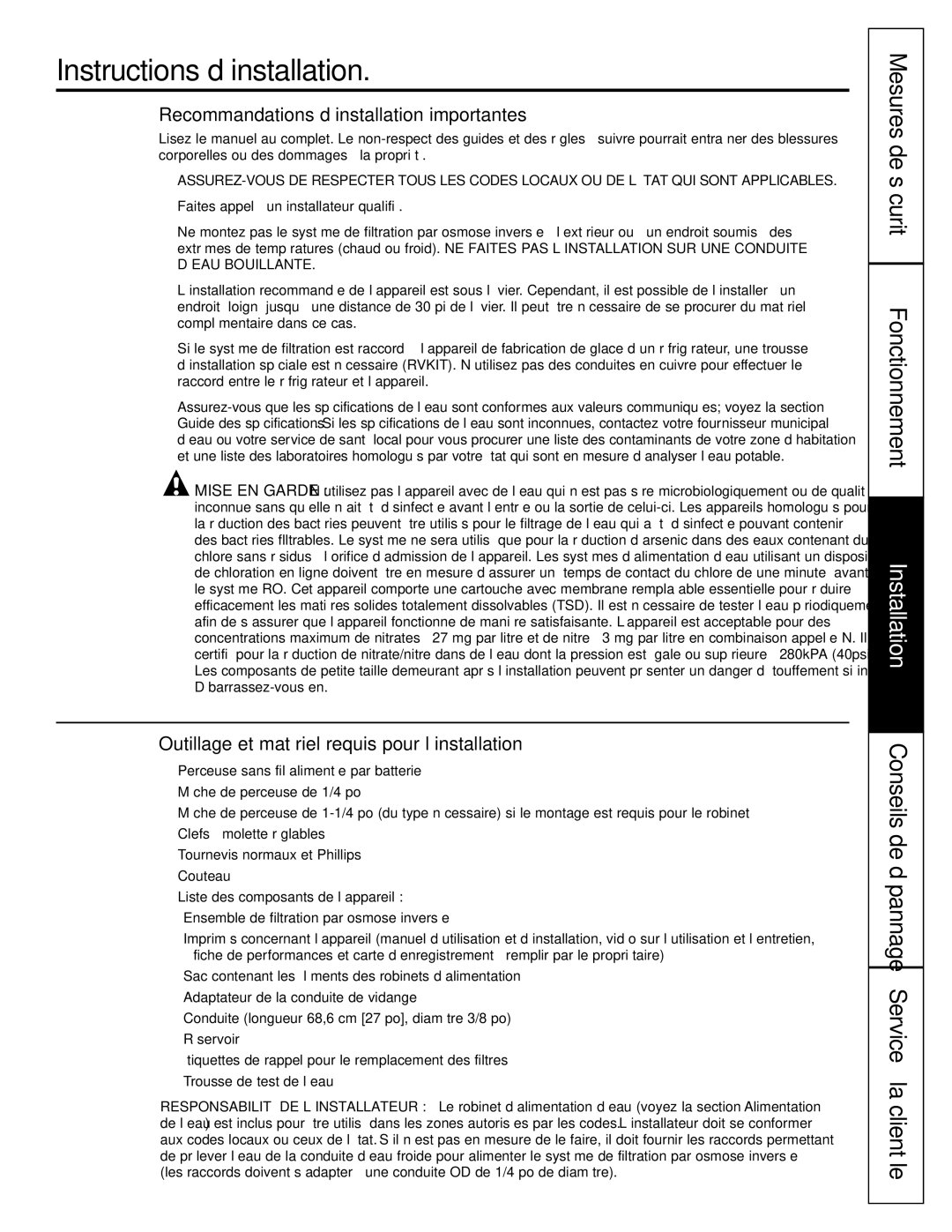 GE GXRV10ABL01 Instructions d’installation, Mesures de sécurité Fonctionnement, Recommandations d’installation importantes 