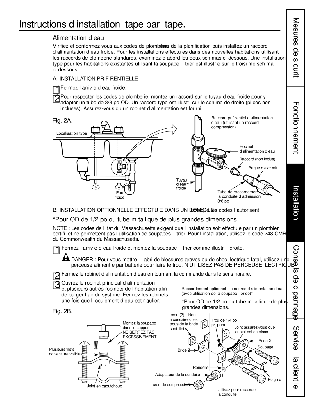 GE GXRV10ABL01 owner manual Instructions d’installation étape par étape, Alimentation d’eau, Grandes dimensions 