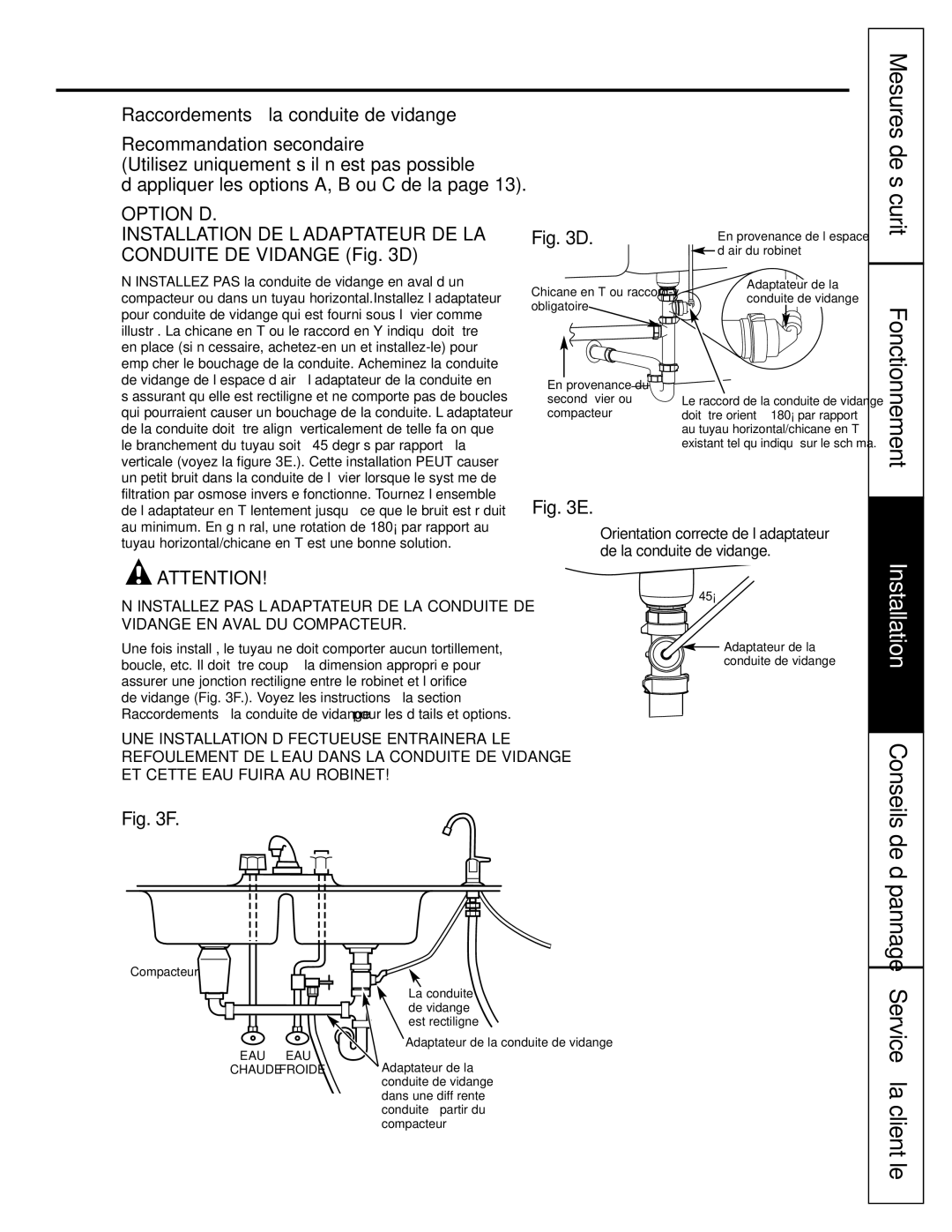 GE GXRV10ABL01 owner manual Installation DE L’ADAPTATEUR DE LA Conduite DE Vidange D 