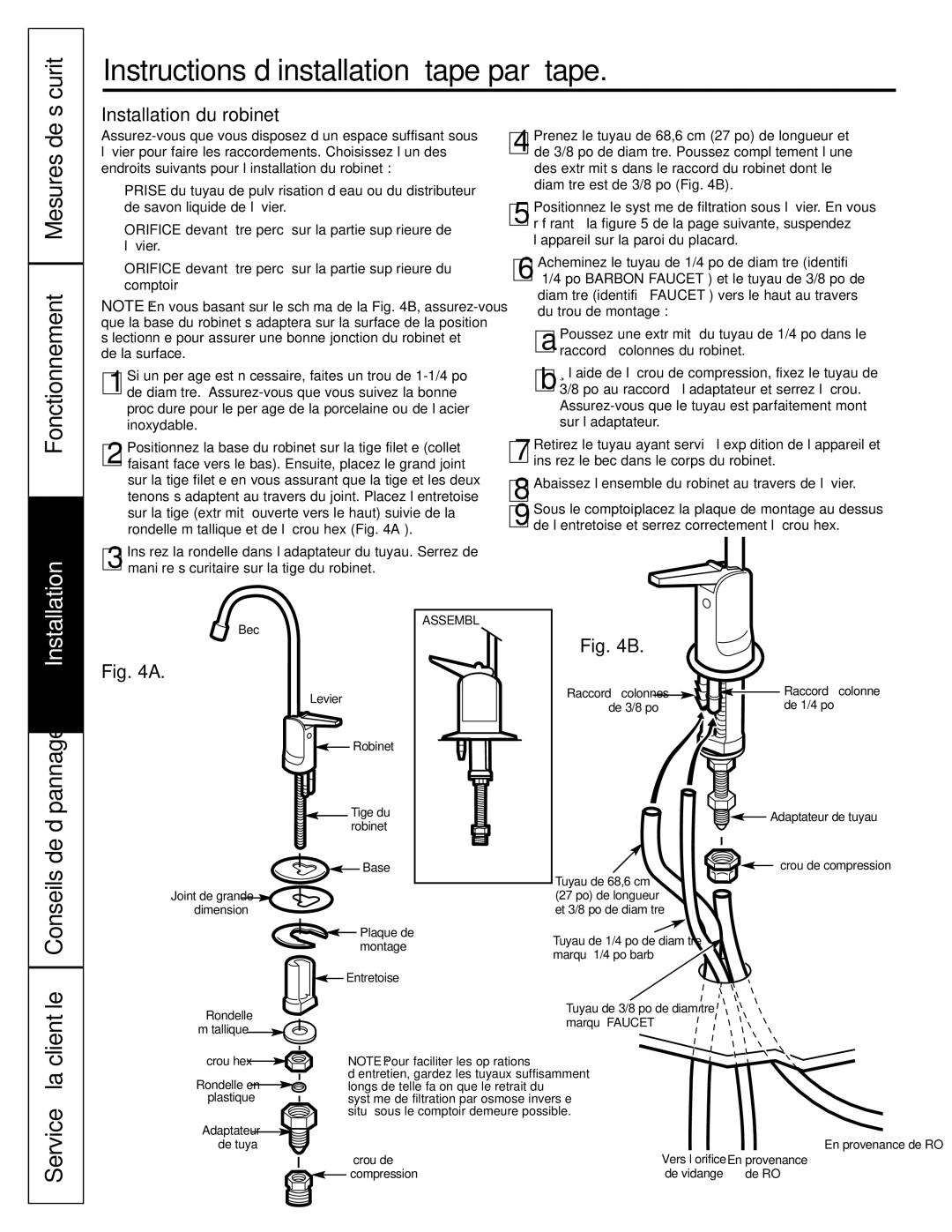 GE GXRV10ABL01 owner manual Conseils de dépannage, Mesures de, Service à la clientèle, Installation du robinet 