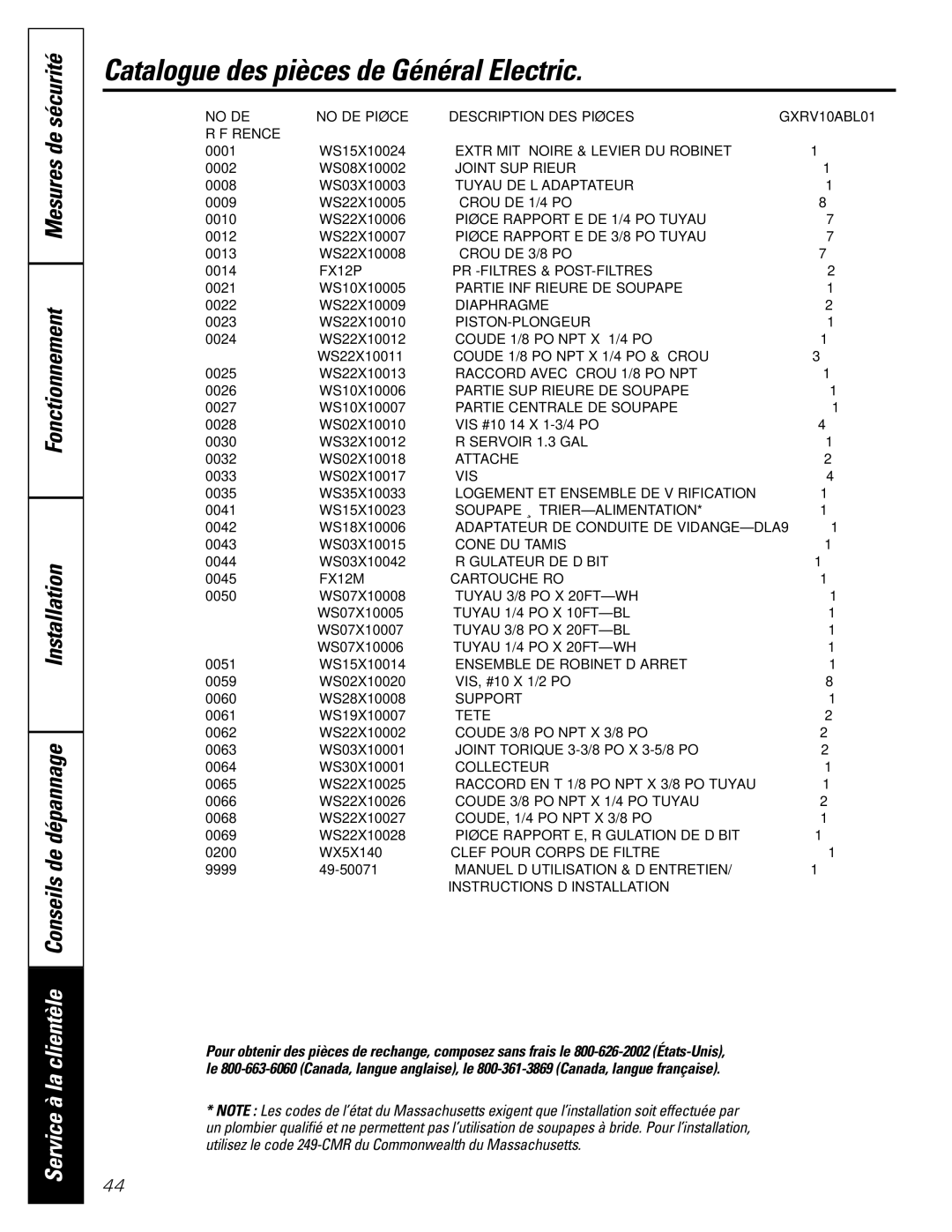 GE GXRV10ABL01 owner manual Catalogue des pièces de Général Electric 