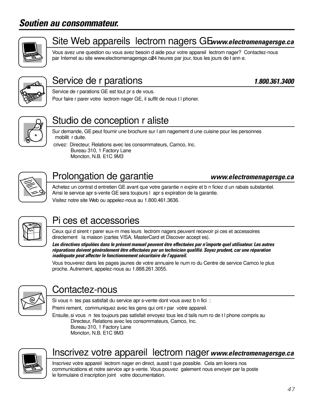 GE GXRV10ABL01 owner manual Soutien au consommateur, Service de réparations, Prolongation de garantie 