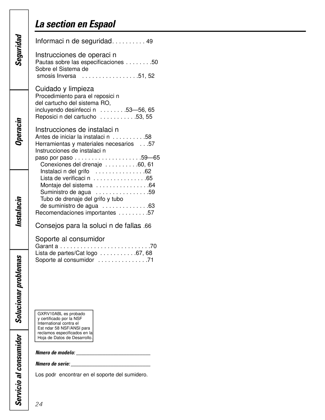 GE GXRV10ABL01 owner manual La section en Español, Número de modelo Número de serie 