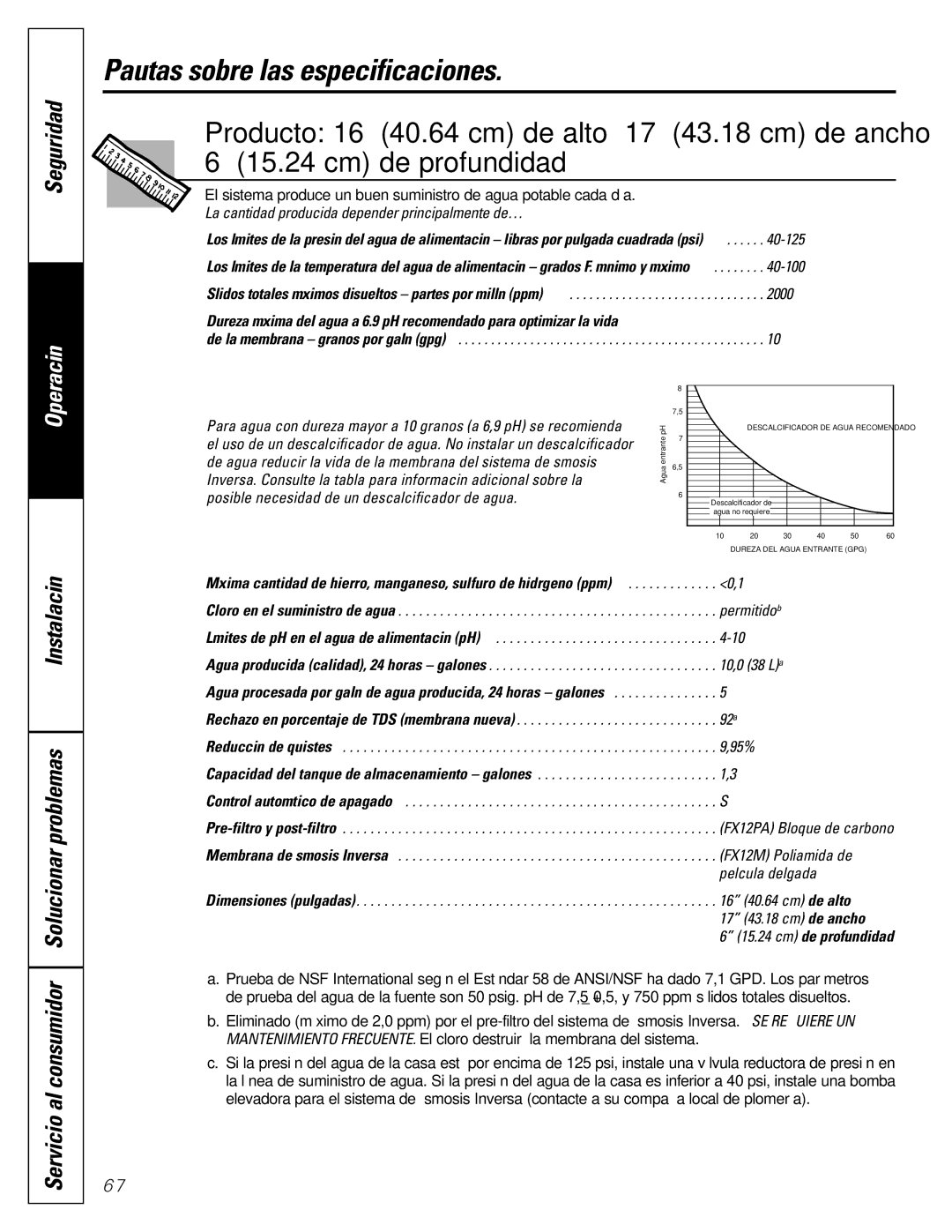 GE GXRV10ABL01 owner manual Pautas sobre las especificaciones, Seguridad, Instalación, Cm de profundidad 