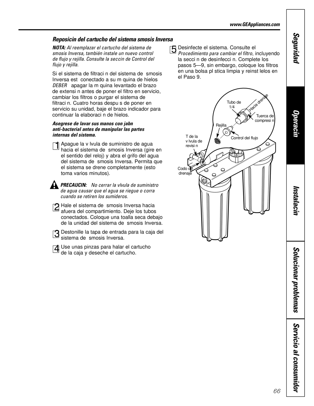 GE GXRV10ABL01 Solucionar problemas Servicio al consumidor, Reposición del cartucho del sistema Ósmosis Inversa 