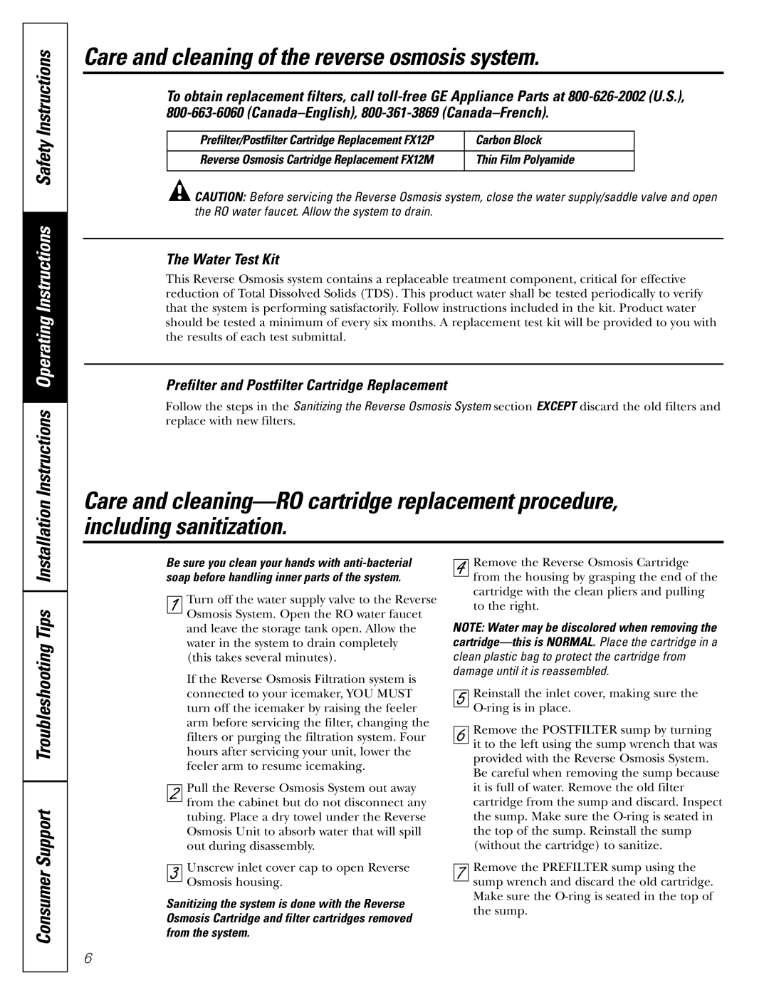 GE GXRV10ABL01 Care and cleaning of the reverse osmosis system, Consumer Support Troubleshooting Tips, Water Test Kit 