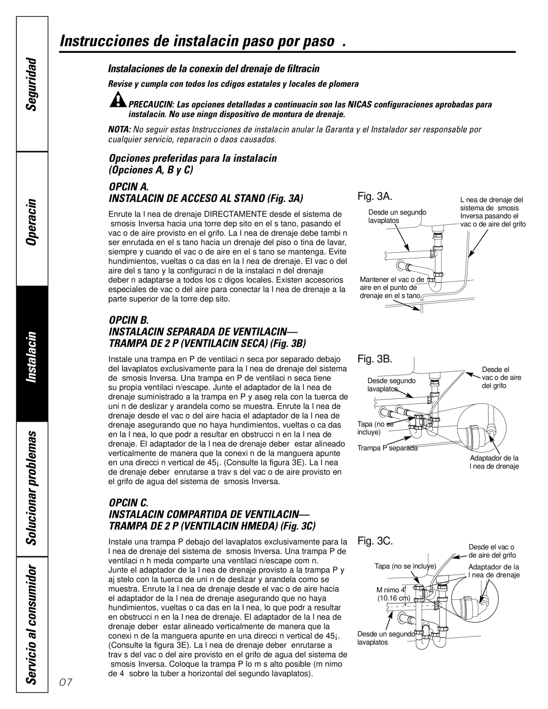 GE GXRV10ABL01 Problemas, Servicio al consumidor Solucionar, Instalaciones de la conexión del drenaje de filtración 