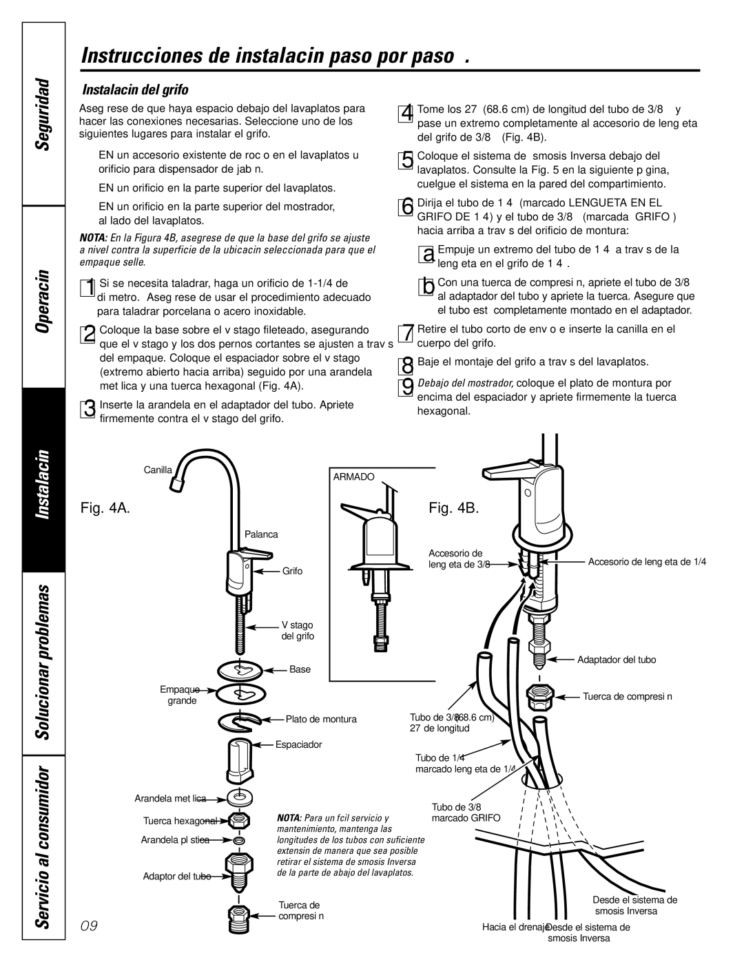 GE GXRV10ABL01 owner manual Instalación del grifo, Solucionar 