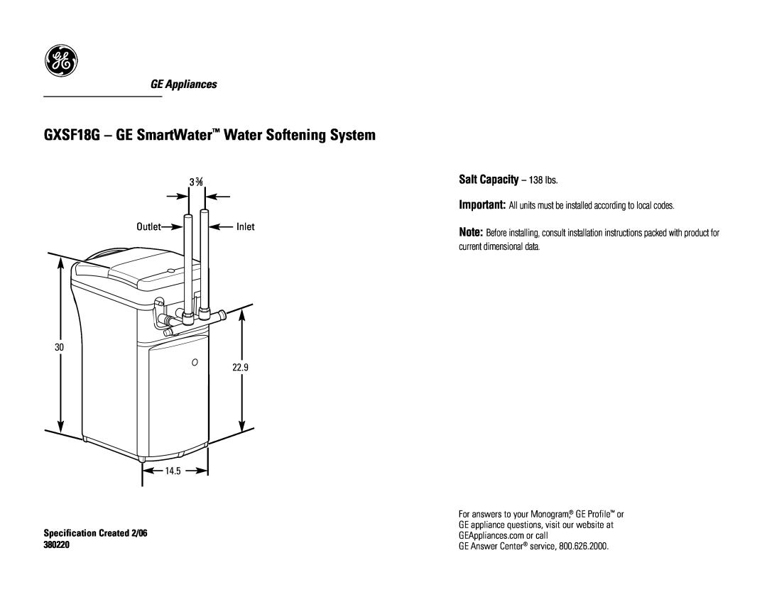 GE installation instructions GXSF18G - GE SmartWater Water Softening System, GE Appliances, Salt Capacity - 138 lbs 